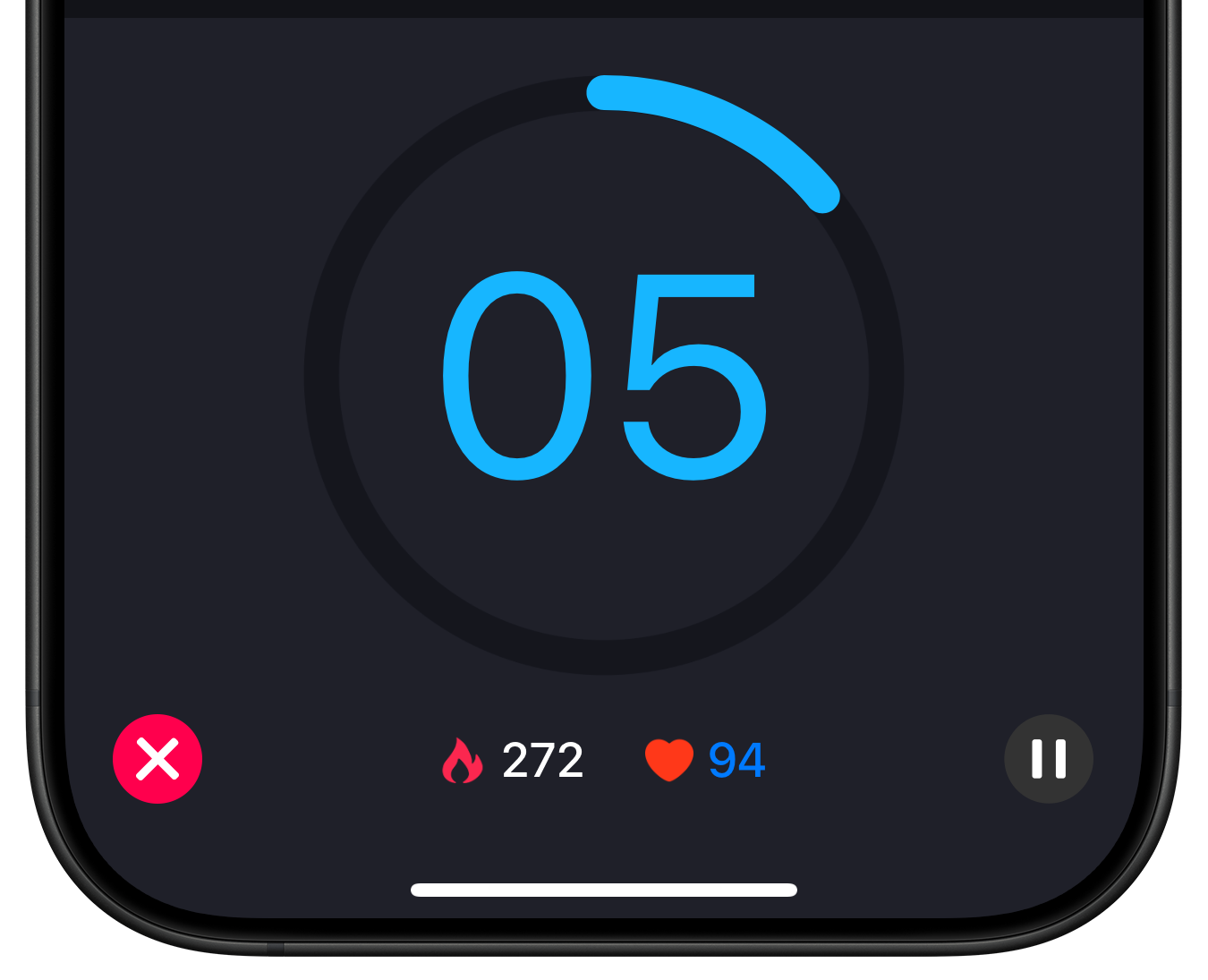 Calories and heart rate displayed in HIIT workout UI