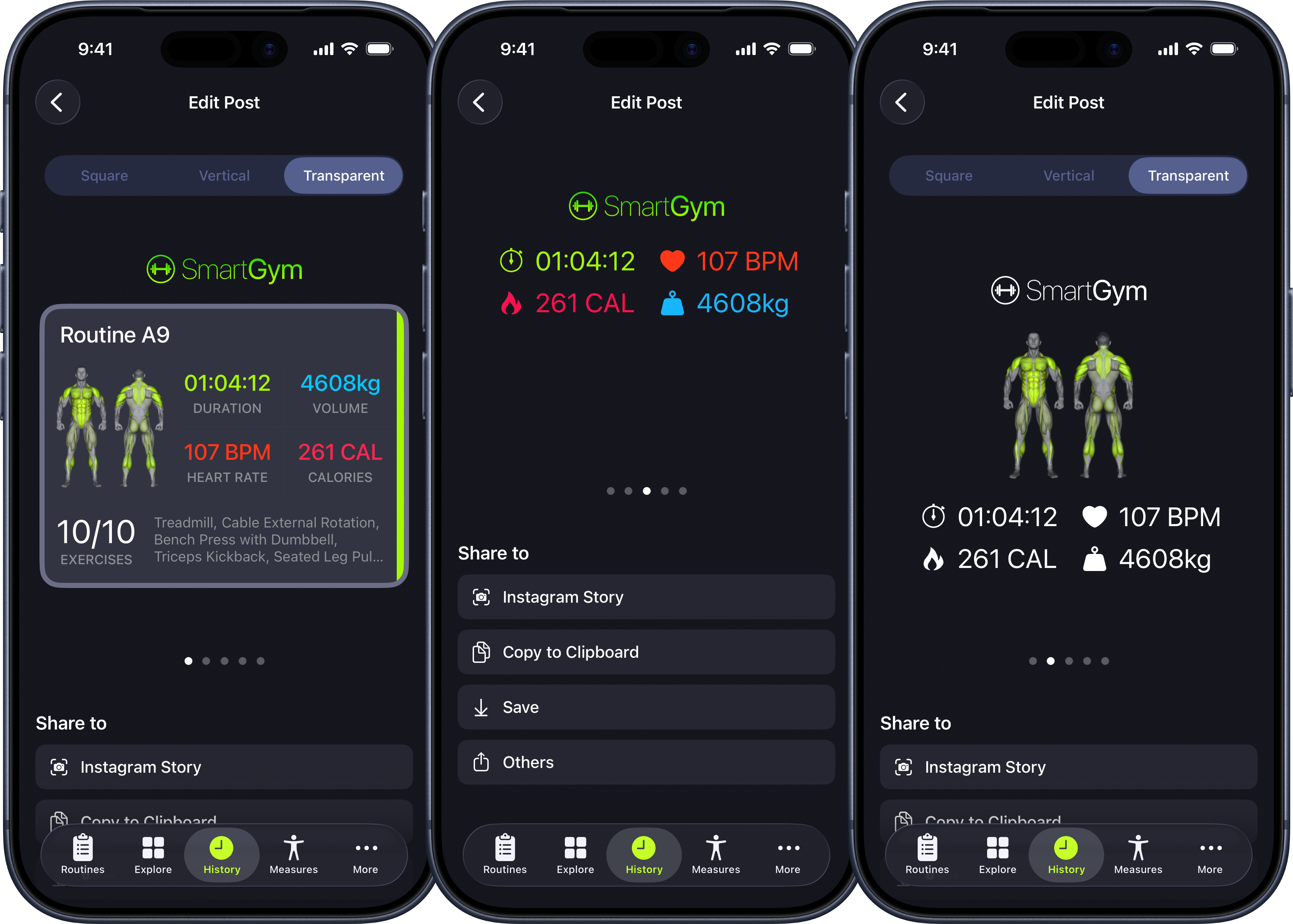 Workout sharing with transparent backgrounds in SmartGym