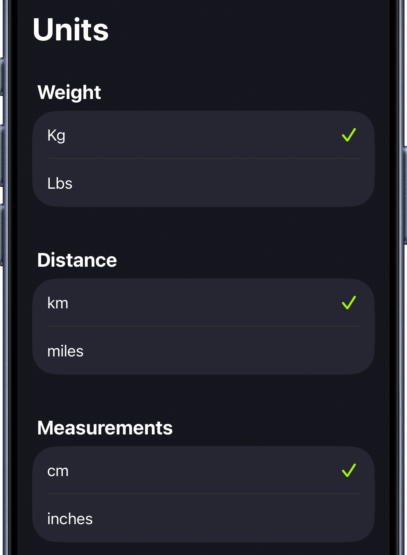Individual unit selection for weight, distance, and measurements in SmartGym